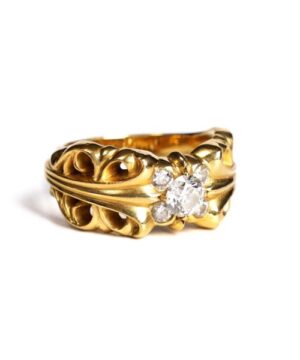 22K Gold Double Floral Ring With 5 Diamonds